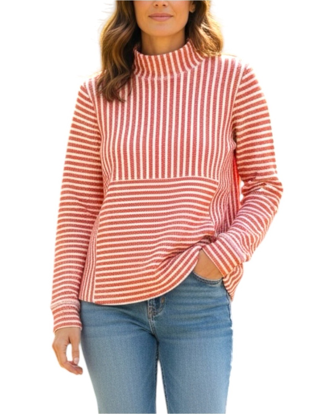 T by Talbots Sz MEDIUM Orange White Striped Funnel Neck Sweatshirt